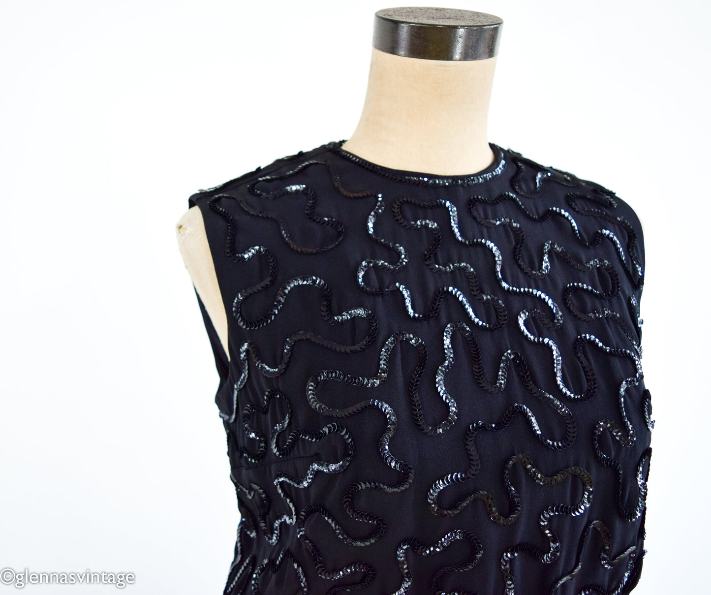 1950s Black Sequin Evening Dress | 50s Black Sleeveless Sequin Formal Dress | Medium