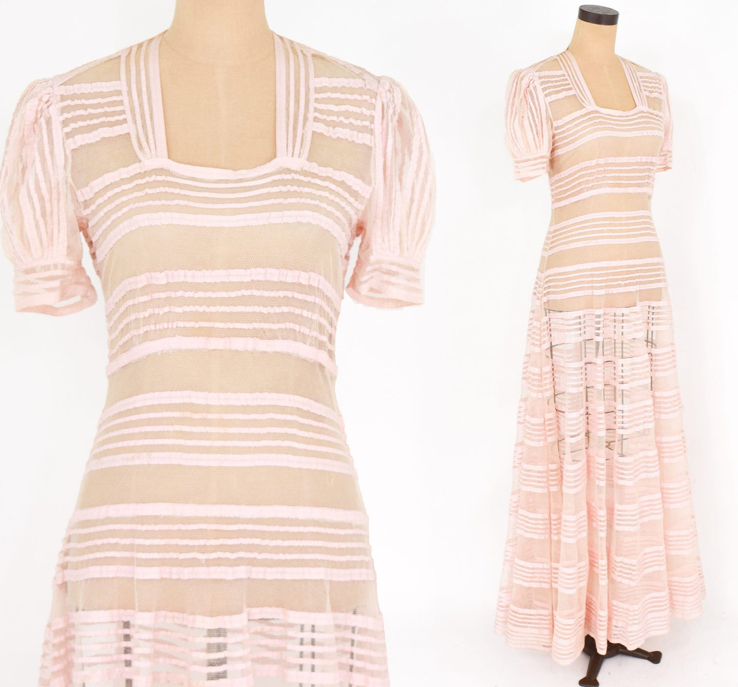 1930s Pink Striped Tulle Evening Gown, Medium