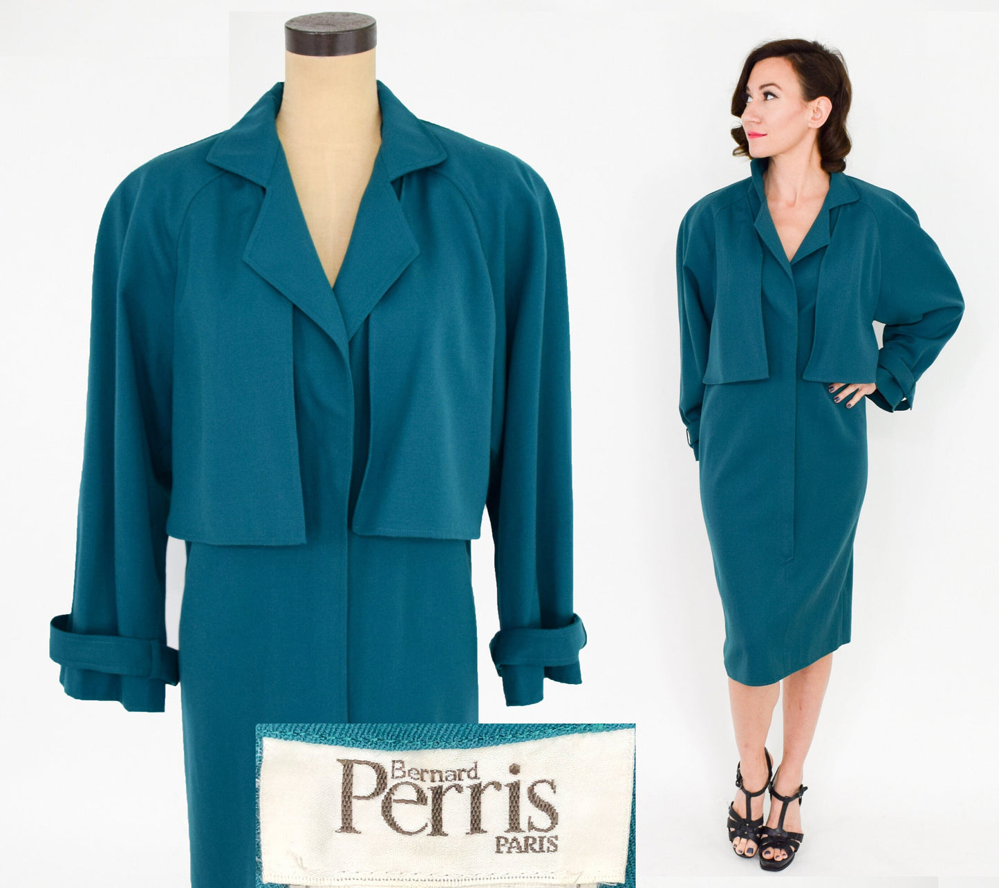 1980s Bernard Perris Aqua Wool Gabardine Dress, Medium