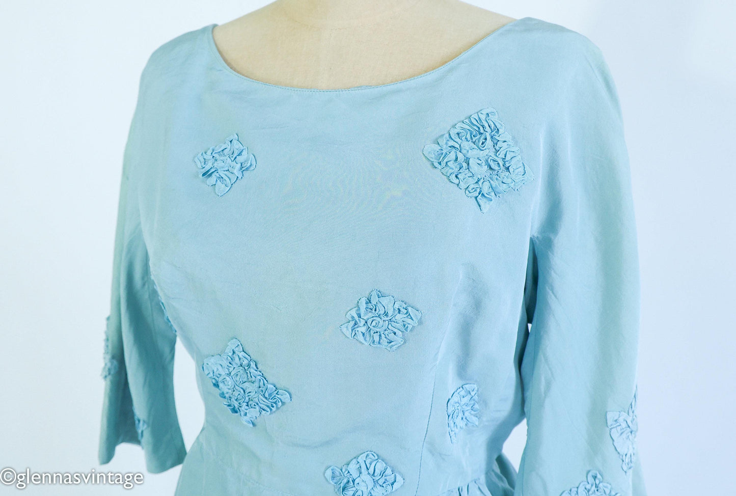 1950s Turquoise Silk Cocktail Dress | Rosette Bodice, Large