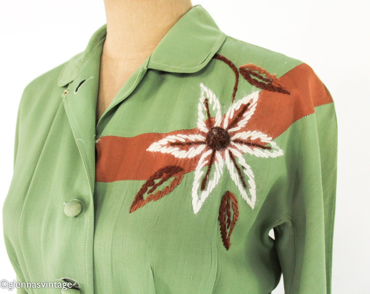 1940s Green Cotton Dress | 40s Green Embroidered Dress | Old Hollywood | Small