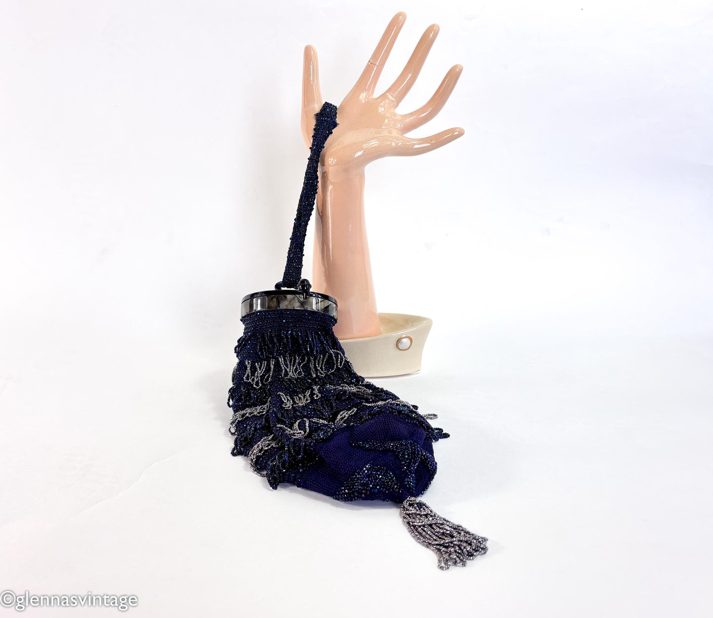 1900s Navy Beaded Pouch Evening Bag with Lucite Lid