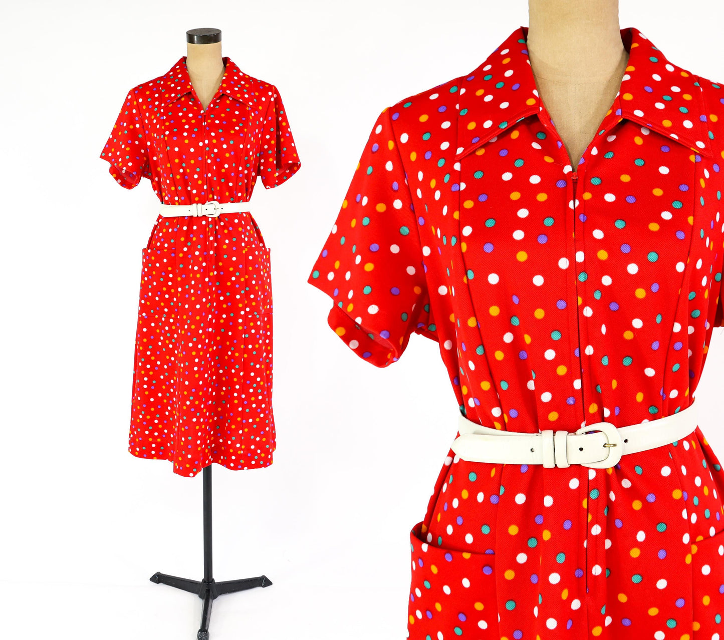 1970s Red Polka Dot Dress, XL 42" Waist