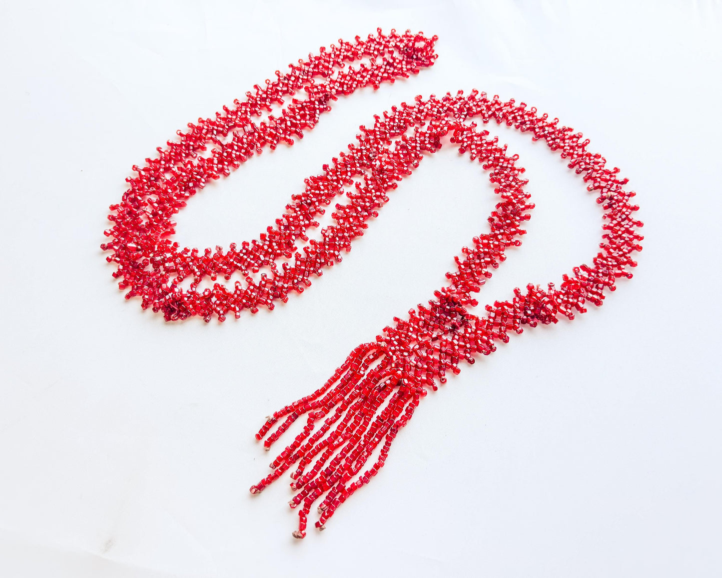 1920 Red Beaded Necklace |  Beaded Flat Woven Necklace