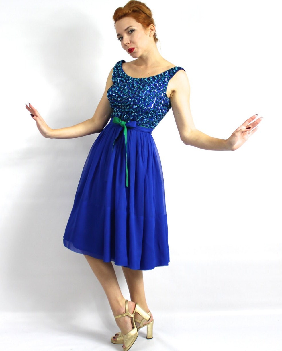 1950s Royal Blue Chiffon Party Dress with Sequin Bodice, Small
