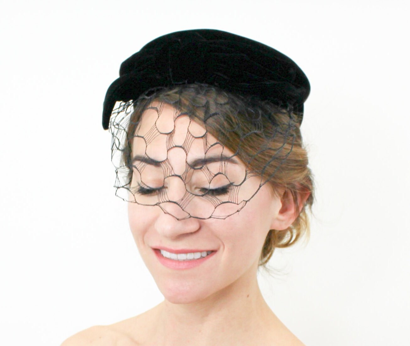 Mr John Classic Black Velvet Pillbox Hat 1950s
