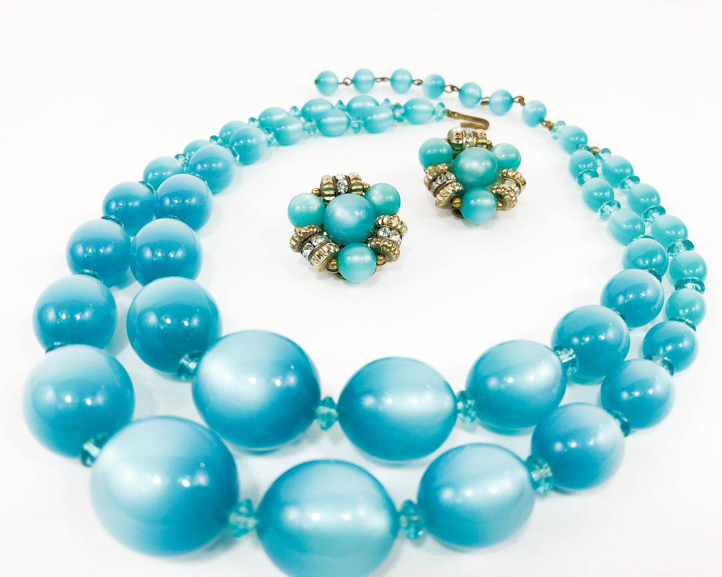 1960s Turquoise Blue Bead Necklace and Clip Earring Set