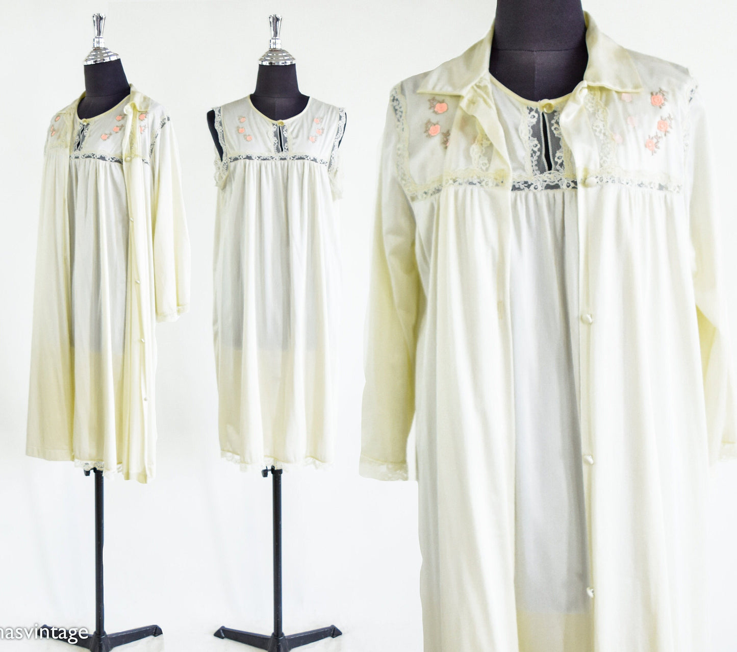 1960s Creme Embroidered Peignoir Set | Short Robe & Gown, Large