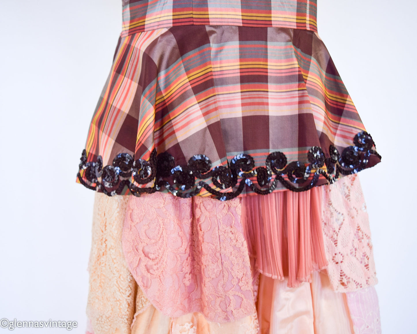 1940s Brown Plaid Taffeta Blouse | 90s Pink Petal Midi Lace & Brocade Skirt, Medium