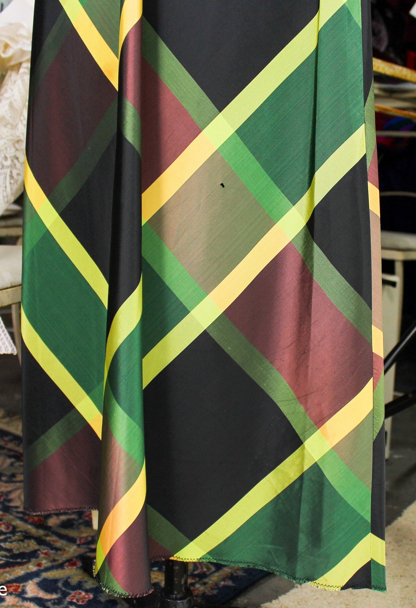 1940s Green Plaid Hostess Dress | 40s Green Chevron Striped Taffeta Dress |  Medium