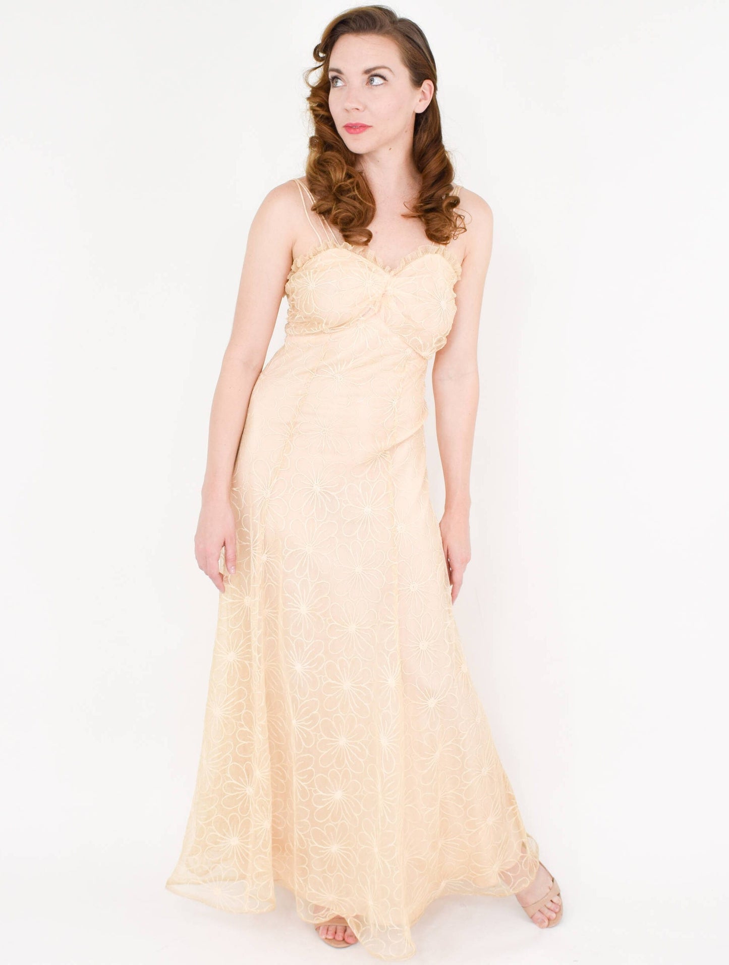 1930s Beige Tambour Lace Evening Dress & Bolero, Old Hollywood Style Wedding, Small