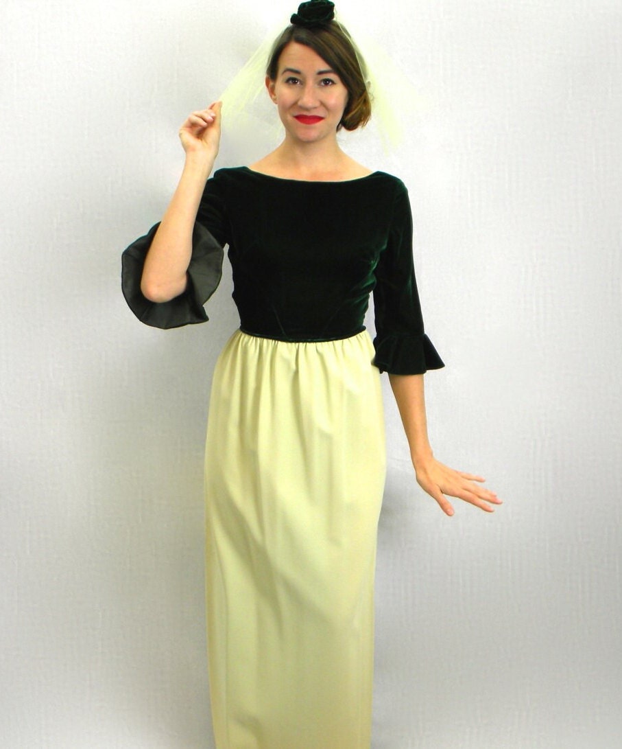 1960s Green Evening Dress | 60s Green Velvet & Crepe Dress | Bridesmaid | Prom Dress | XS