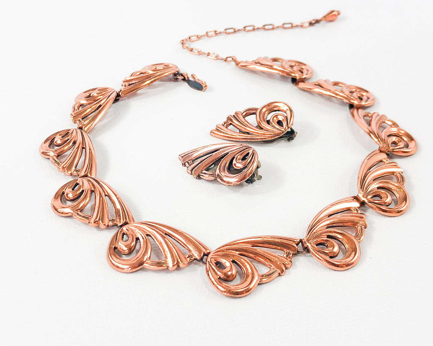 1950s Copper Swirl Necklace & Earring Set, Renoir Jewelry Hat