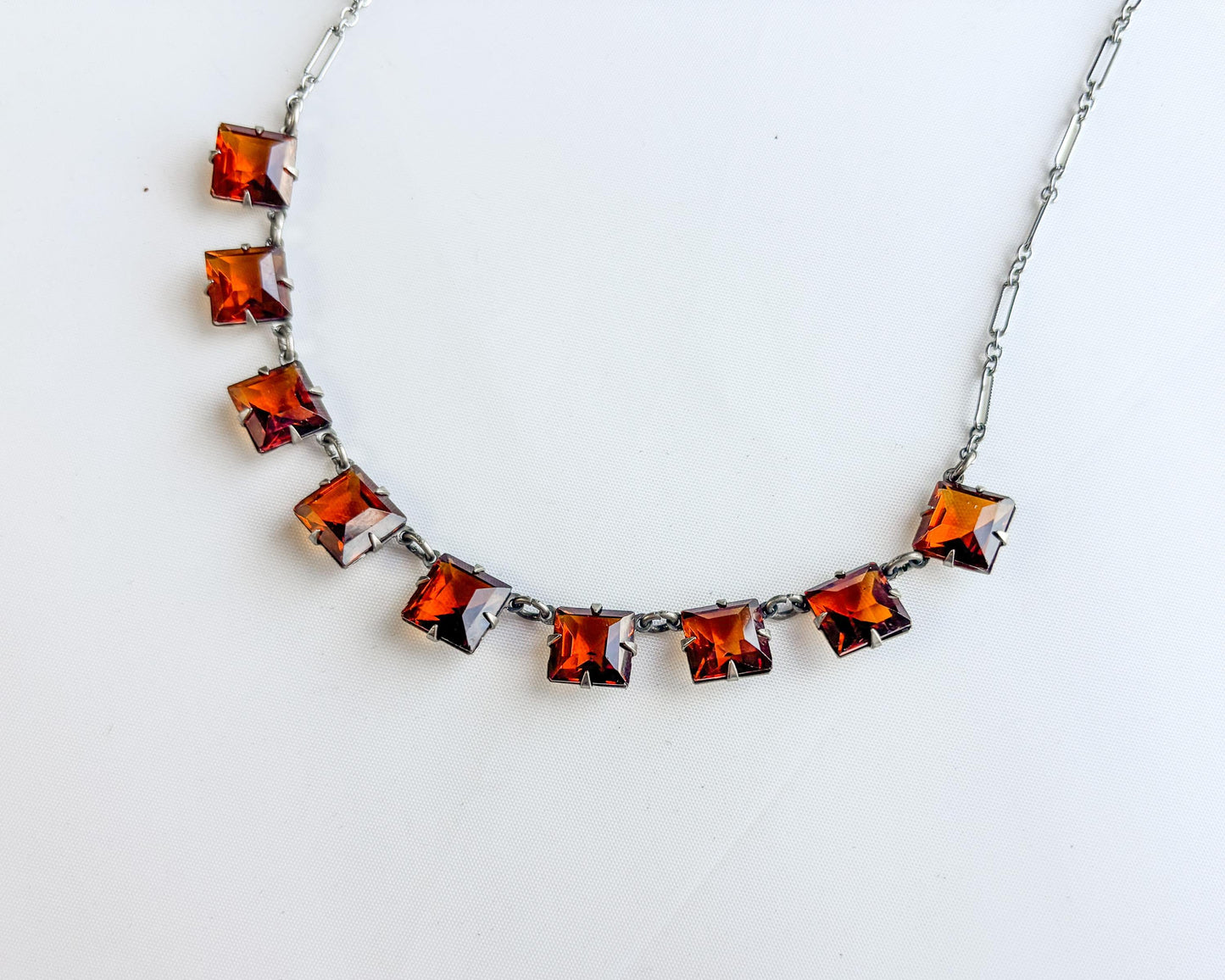 1940s Amber Glass Necklace | Crystal Squares Necklace