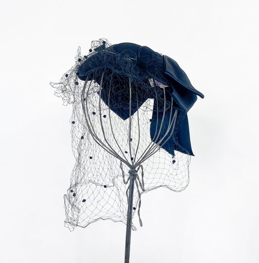 1940s Black Velvet Fascinator with Satin Bow & Netting, Old Hollywood Hat