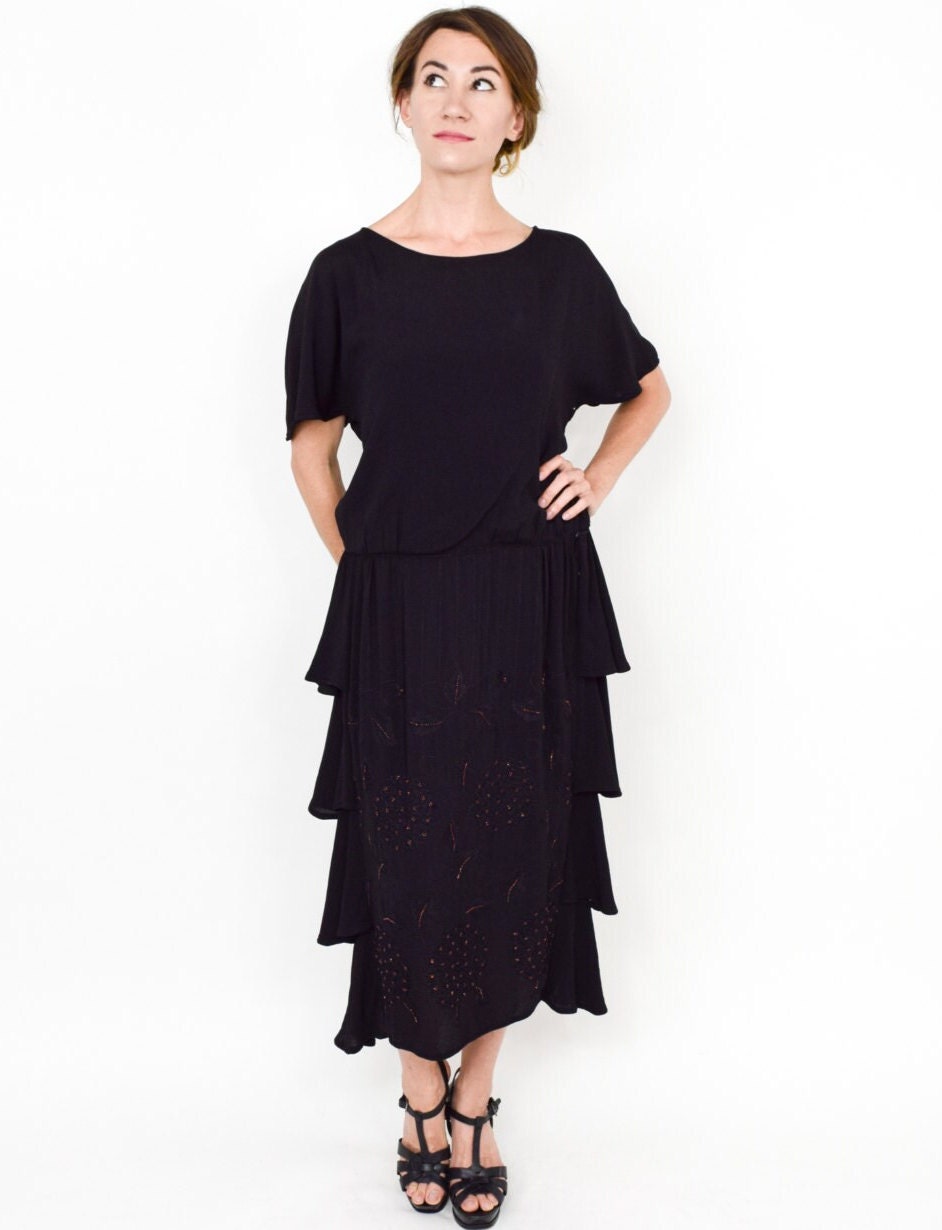 1920s Black Silk Beaded Dress, Embroidered Flapper Gown, Medium