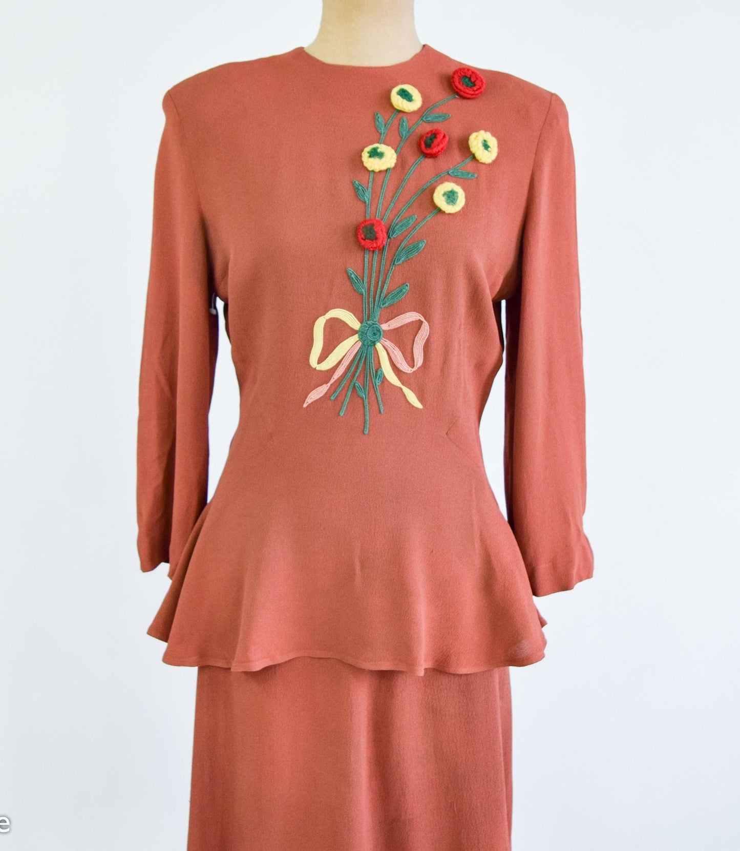 1940s Brown Embroidered Top & Skirt Set, Small
