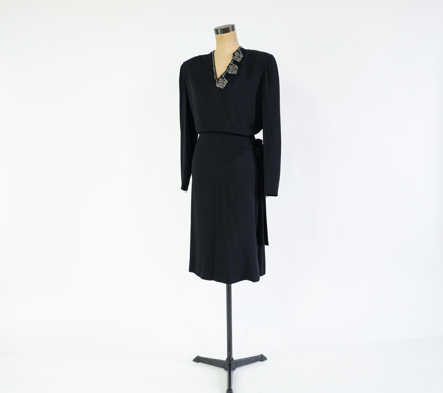 1940s Black Dress with Beaded Neckline, Extra Large, 36" Waist