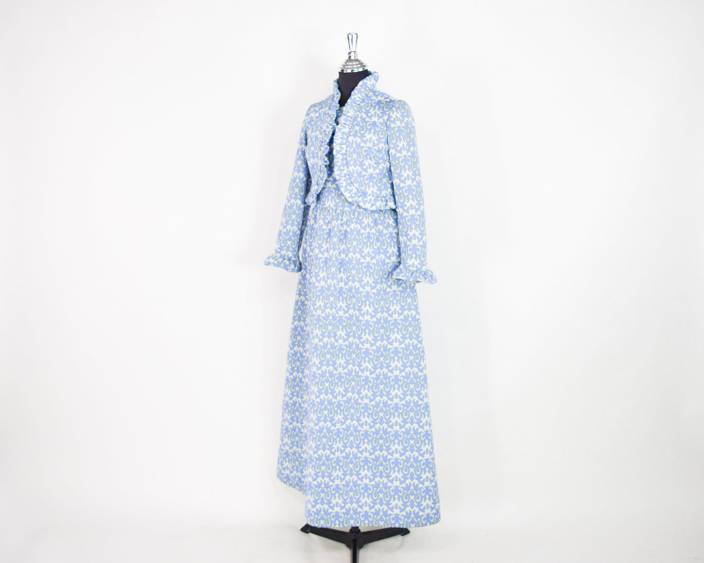 1970s Blue Floral Maxi Dress & Jacket | 70s Sky Blue Maxi Dress Set |  BELFRY | Medium