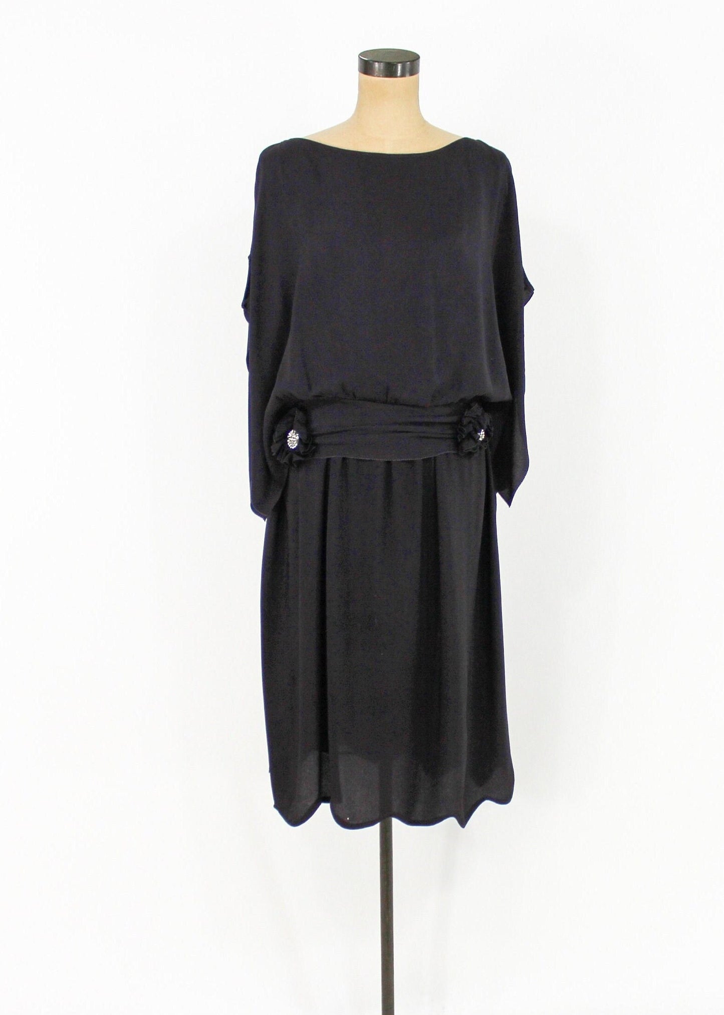 1920s Black Silk Crepe Flapper Dress with Rhinestone Detail, Large
