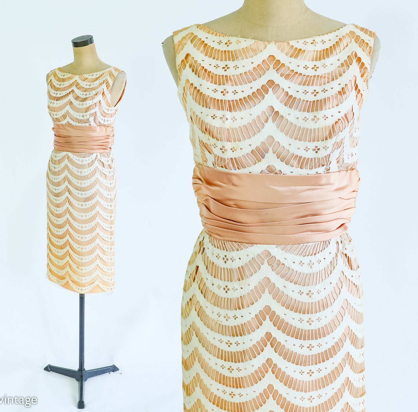 1950s Apricot & White Lace Sheath Dress, Small