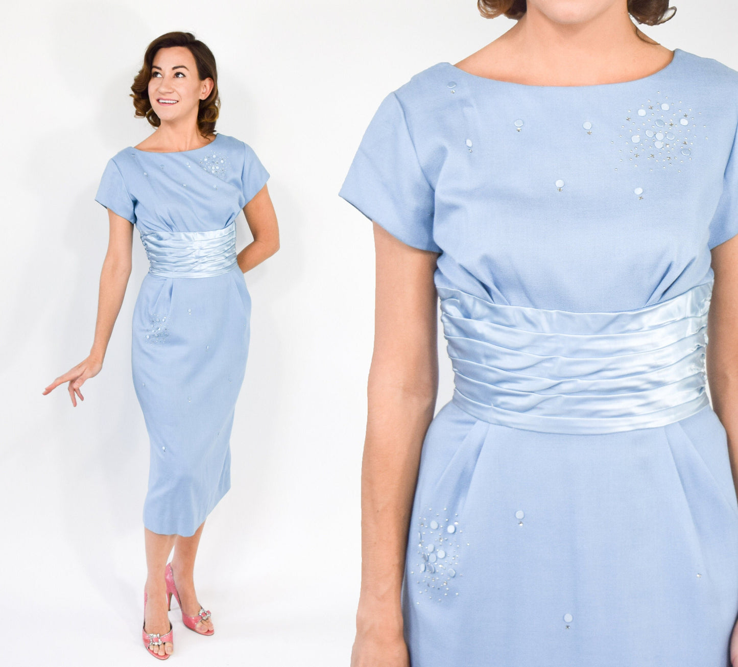 1950s Blue Cotton Sheath Dress with Satin Waist, Small