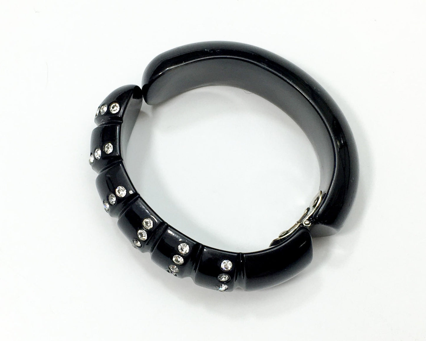 1950s Black Clamper Bracelet | 50s Black Lucite & Rhinestone Bracelet