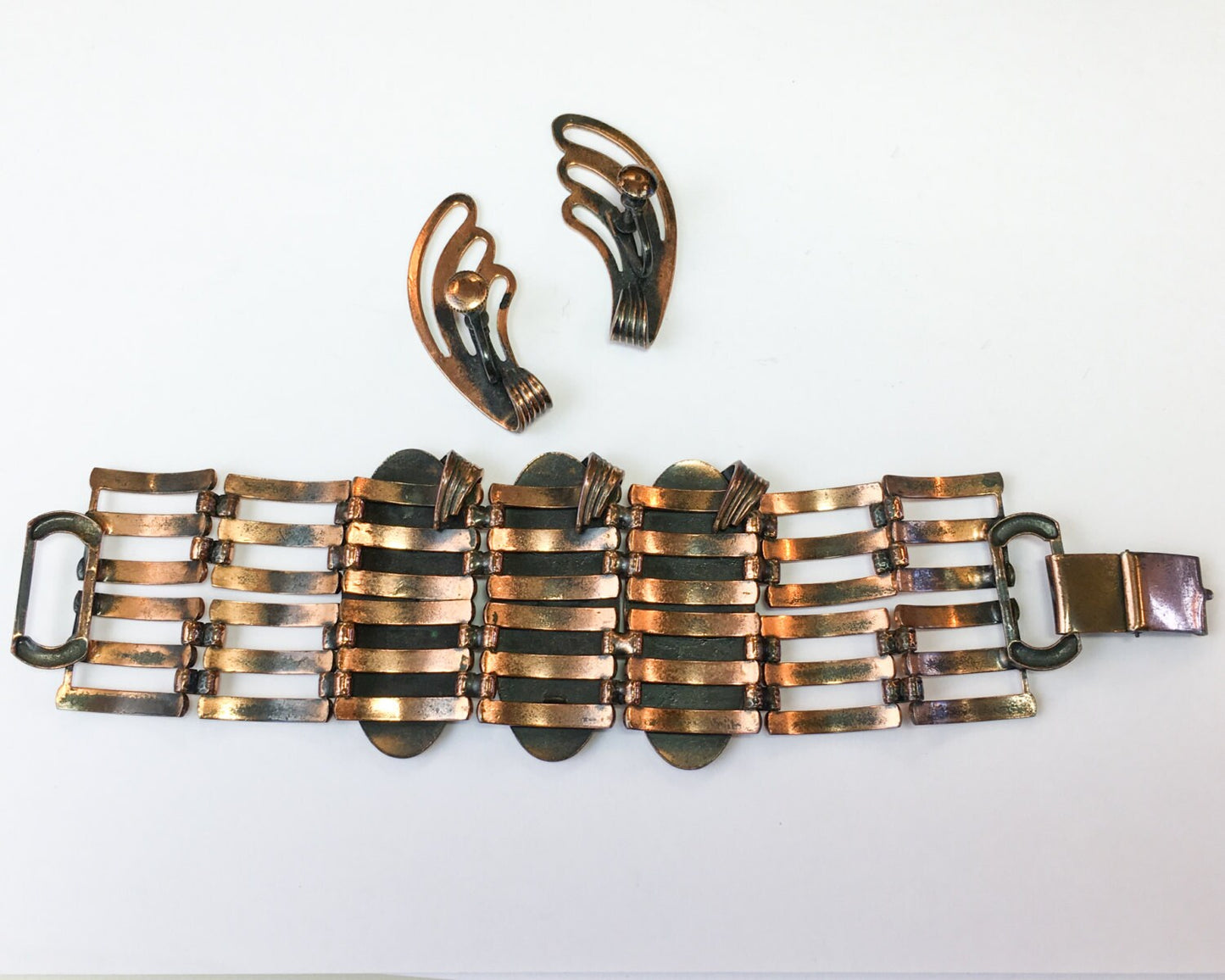 1950s Copper Bracelet &  Earring Set | 50s Modernist Copper Link Swirls Bracelet Set