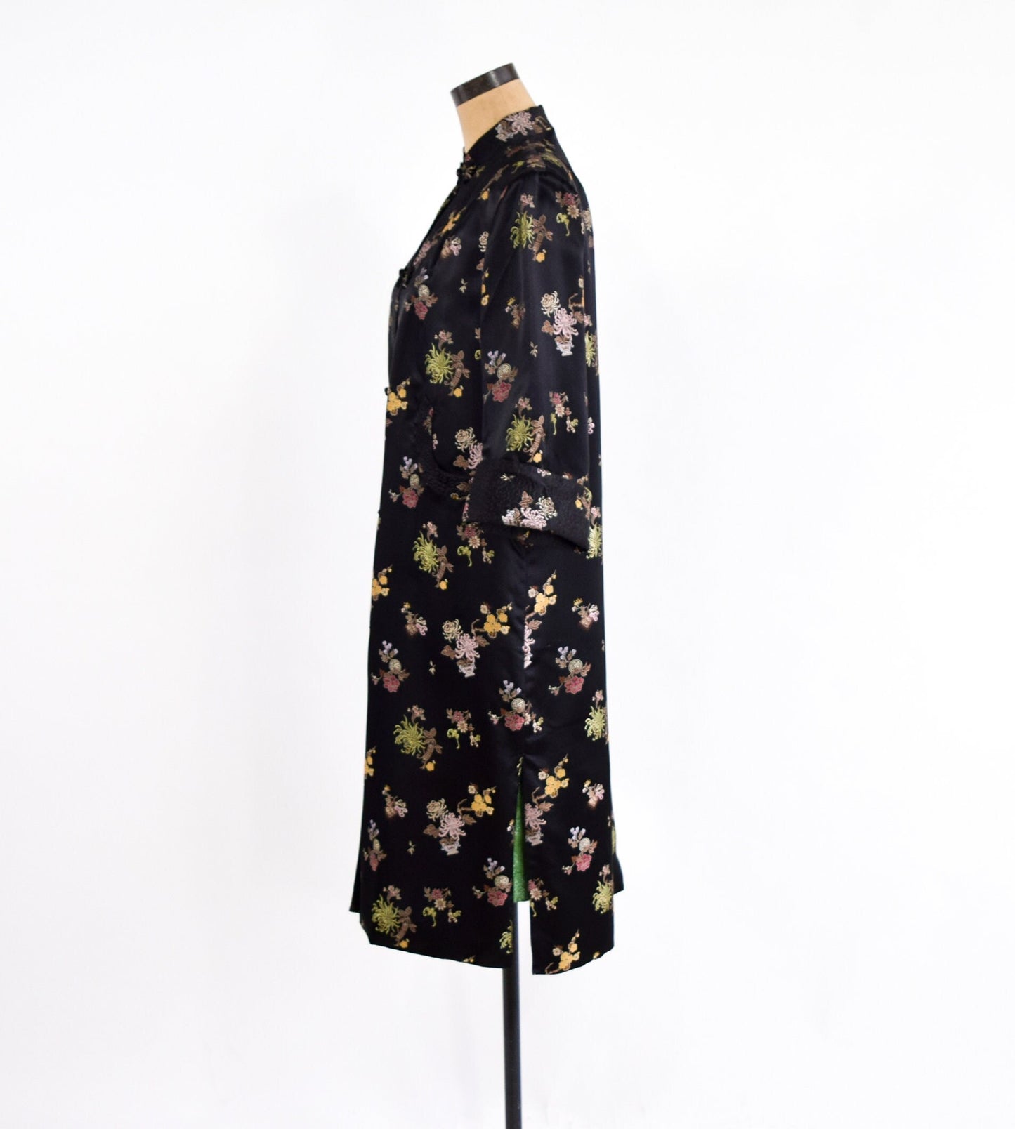1950s Black Silk Asian Coat | 50s Black Floral Asian Coat | Peony | Medium