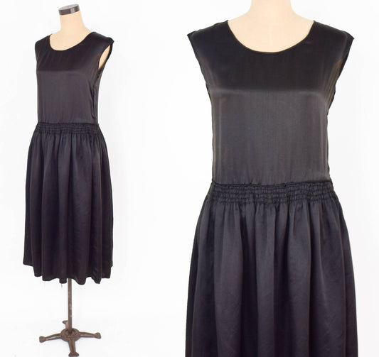 1930s Black Silk Satin Dress, Jean Carol Flapper Dress, Small