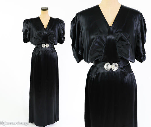 1930s Vintage Black Satin Evening Gown, Rhinestone Belt, Extra Large