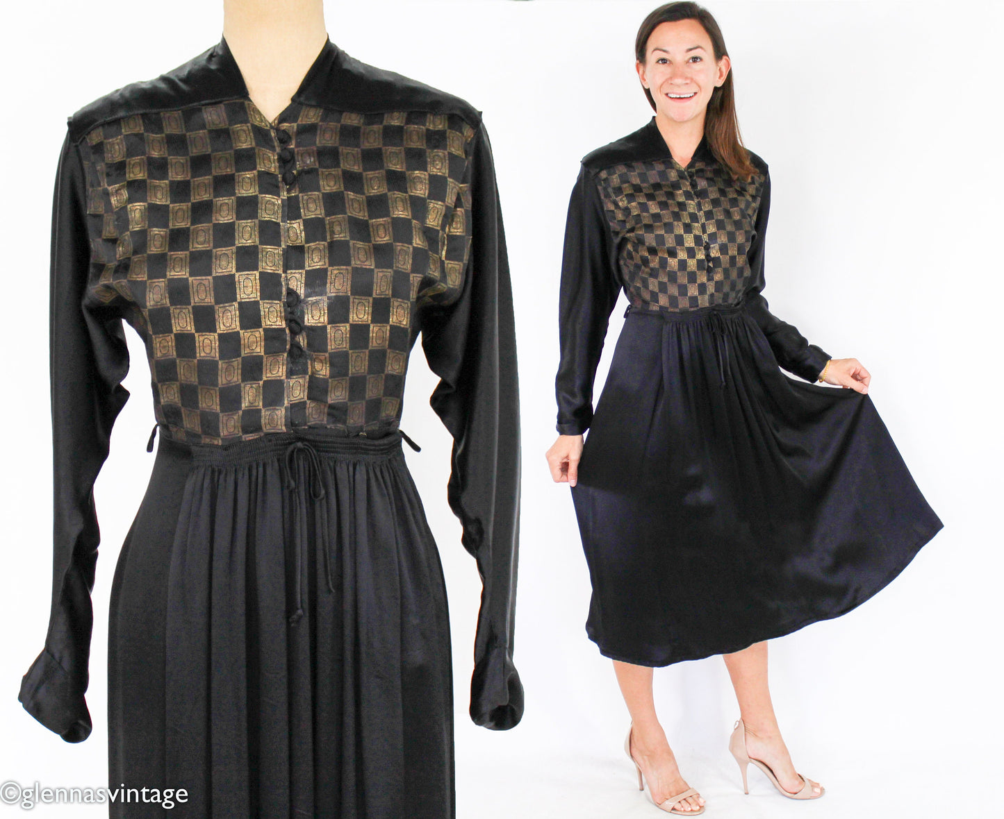 1940s Gold & Black Silk Dress | 40s Black Silk Embroidered Dress | Tula | Small
