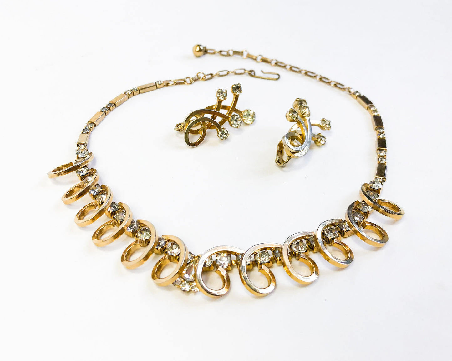 Vintage Gold Tone Rhinestone Necklace and Earrings Set, 1950s Jewelry