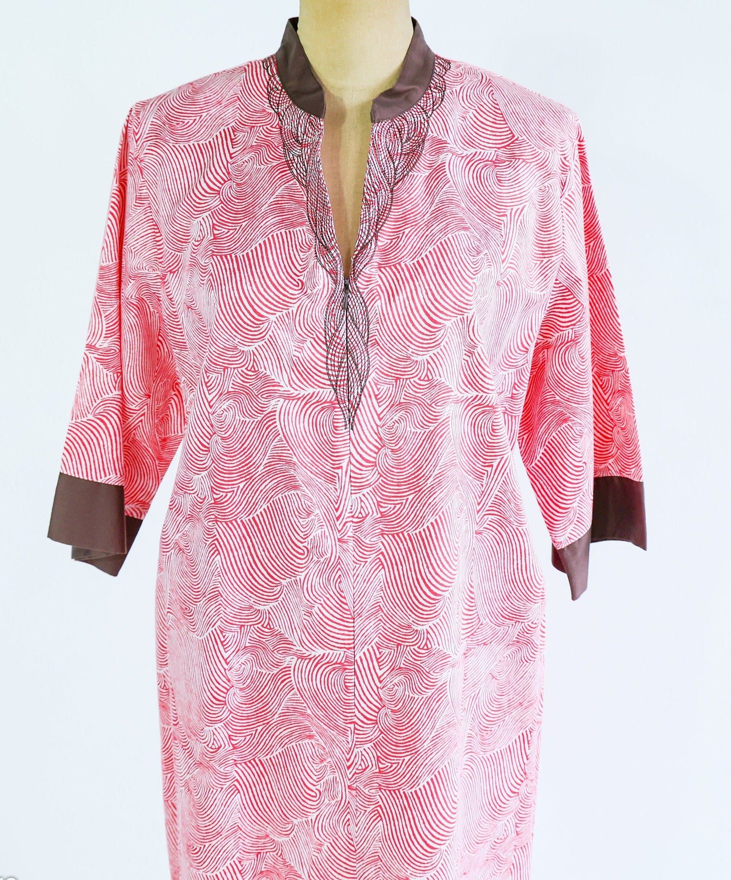 1980s Pink Cotton Caftan | 80s Pink Abstract Hostess Dress | Dressing Gown | I Magnin | Medium