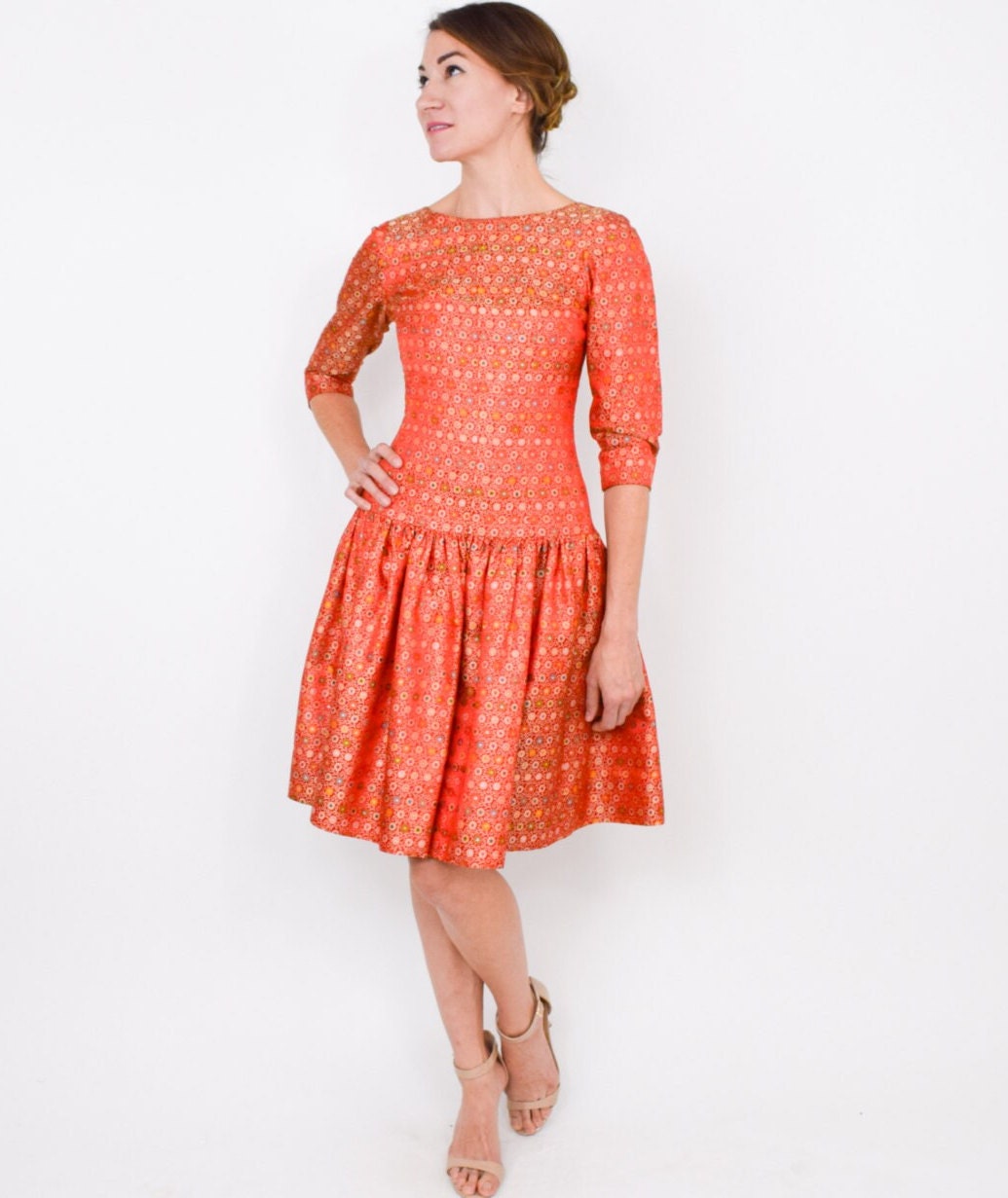 1950s Orange Silk Brocade Party Dress | Drop Waist, XS