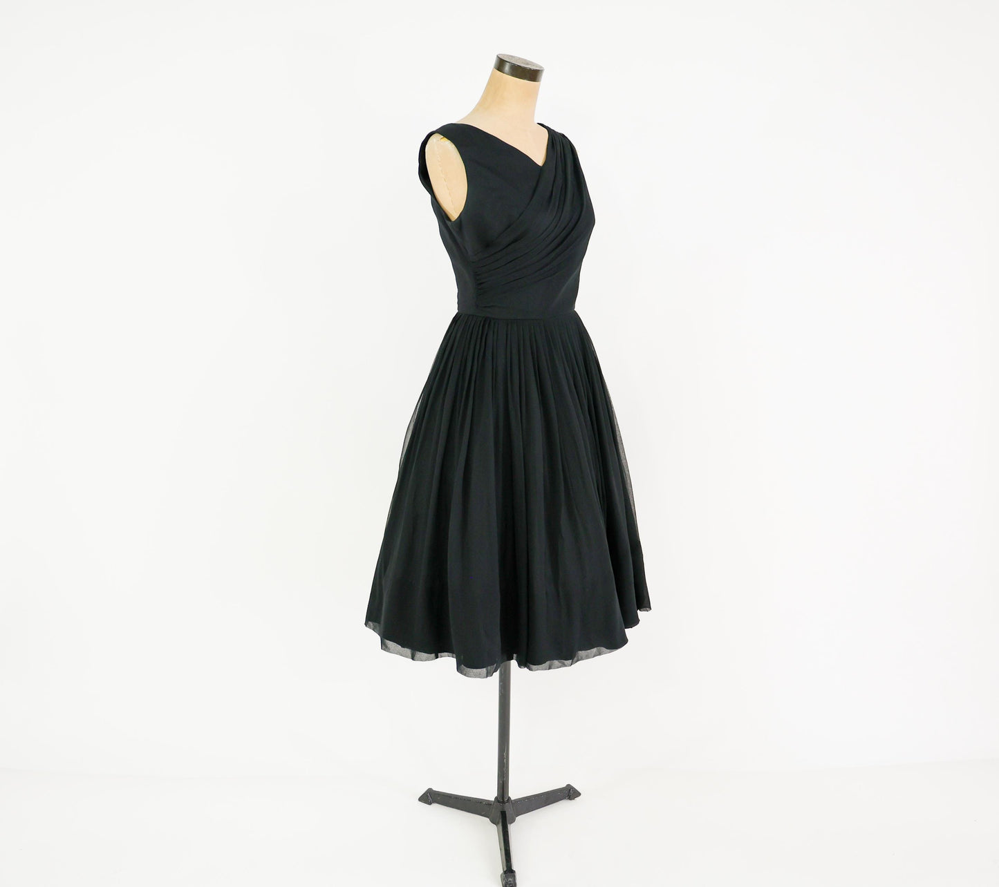 1950s Feather Sash Black Silk Cocktail Gown, Small