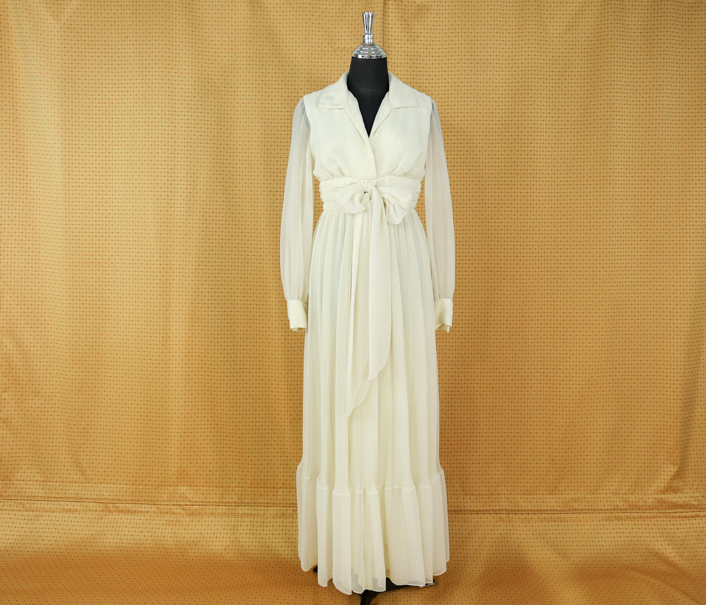 1970s Ivory Chiffon Wedding Dress, Romantic Pleated Maxi Gown, Small