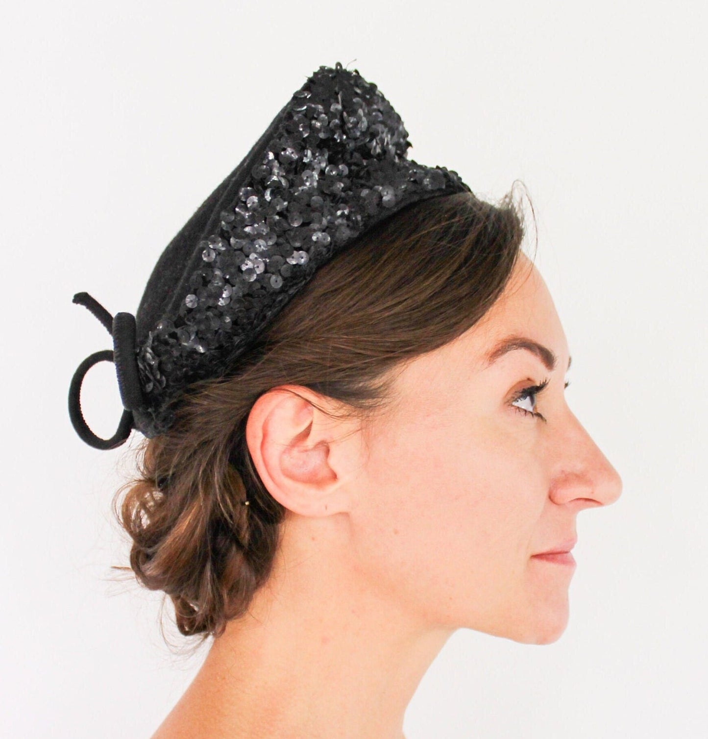 1940s Black Sequin Hat, Black Wool Felt Fascinator