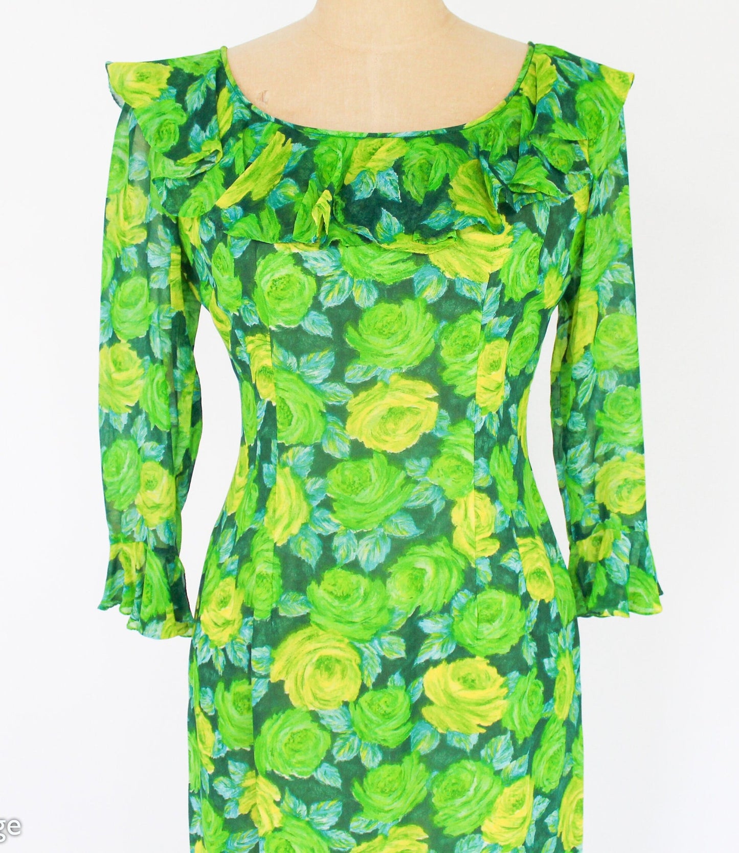 1950s Lime Green Rose Print Chiffon Dress by Elinor Gay, Medium