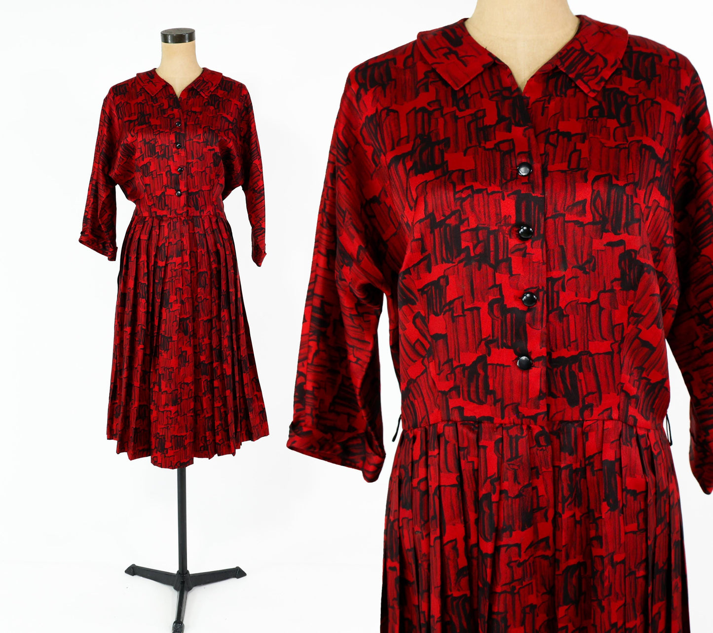 1950s Plus Size Red Print Shirtwaist Dress, 34" Waist