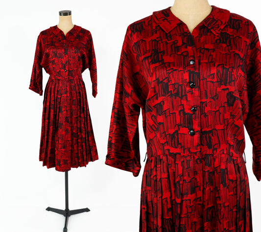 1950s Plus Size Red Print Shirtwaist Dress, 34" Waist
