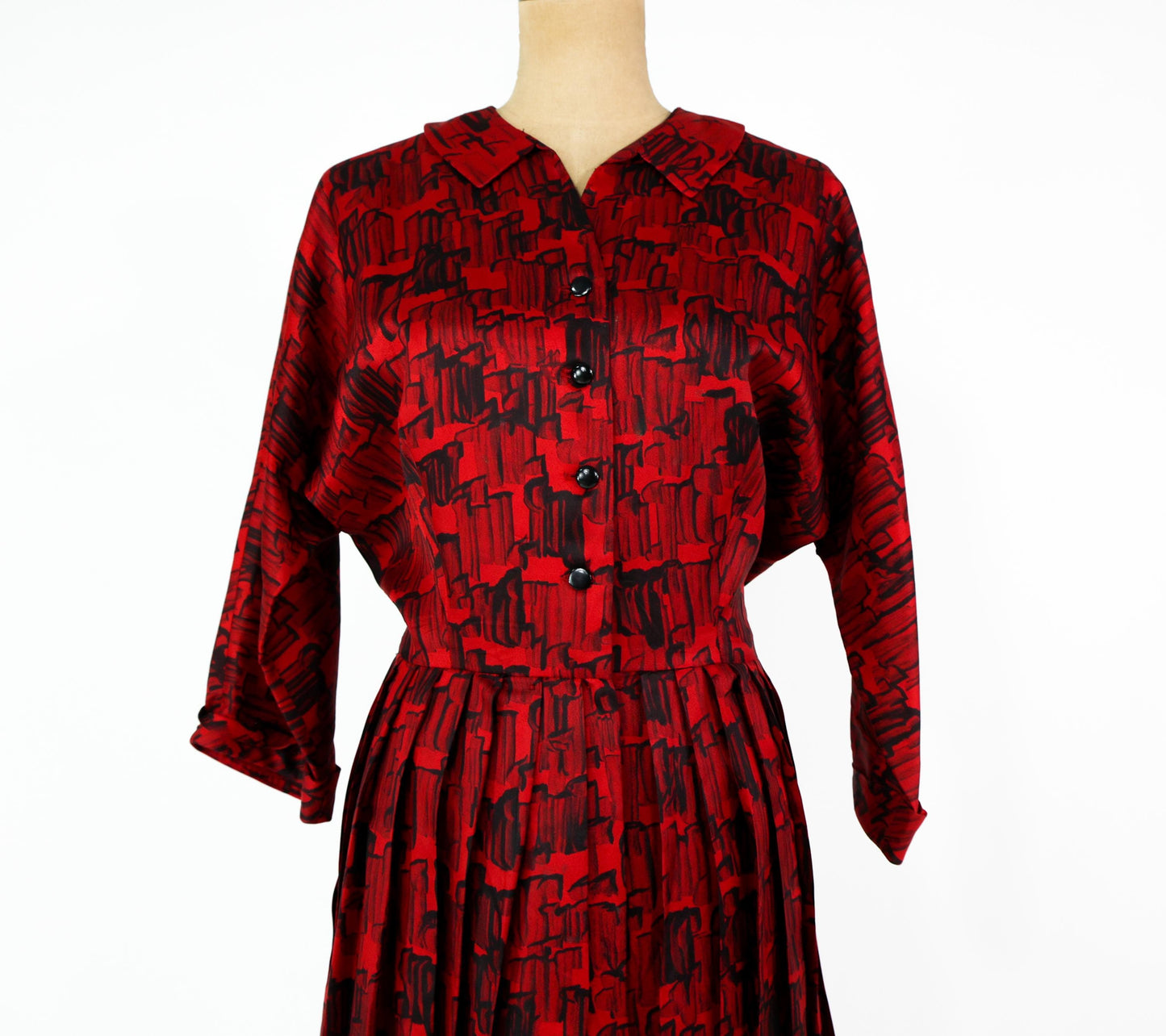 1950s Plus Size Red Print Shirtwaist Dress, 34" Waist