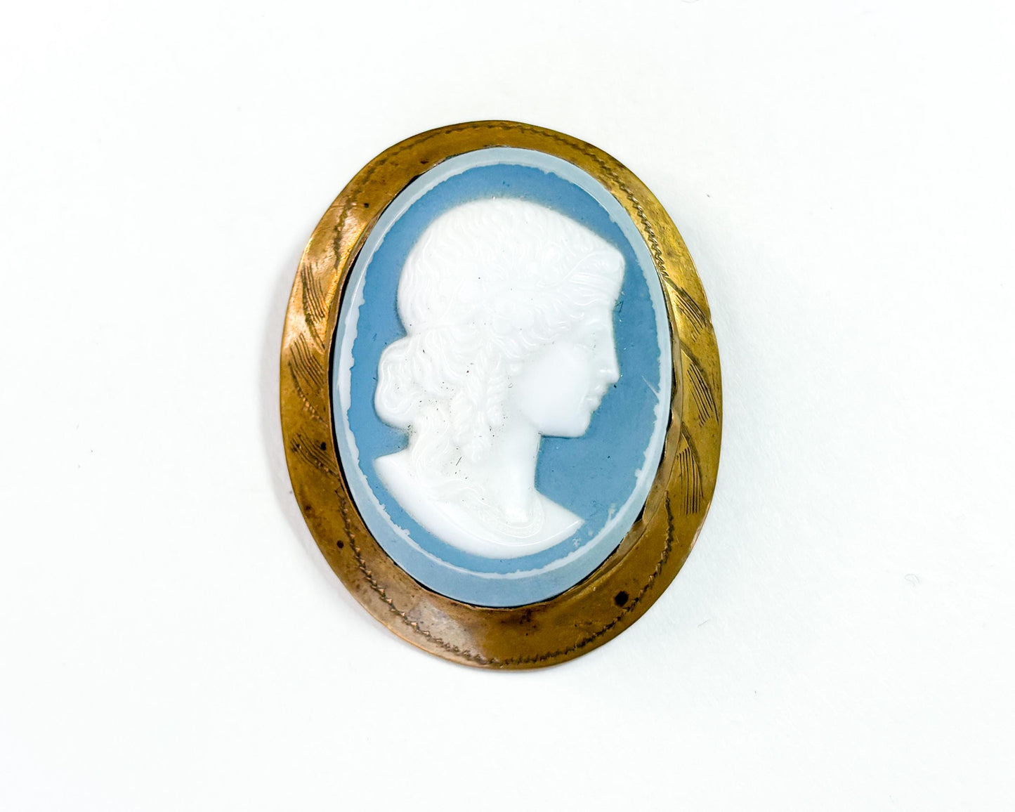 1930s Molded Glass Cameo with an Etched Brass Frame