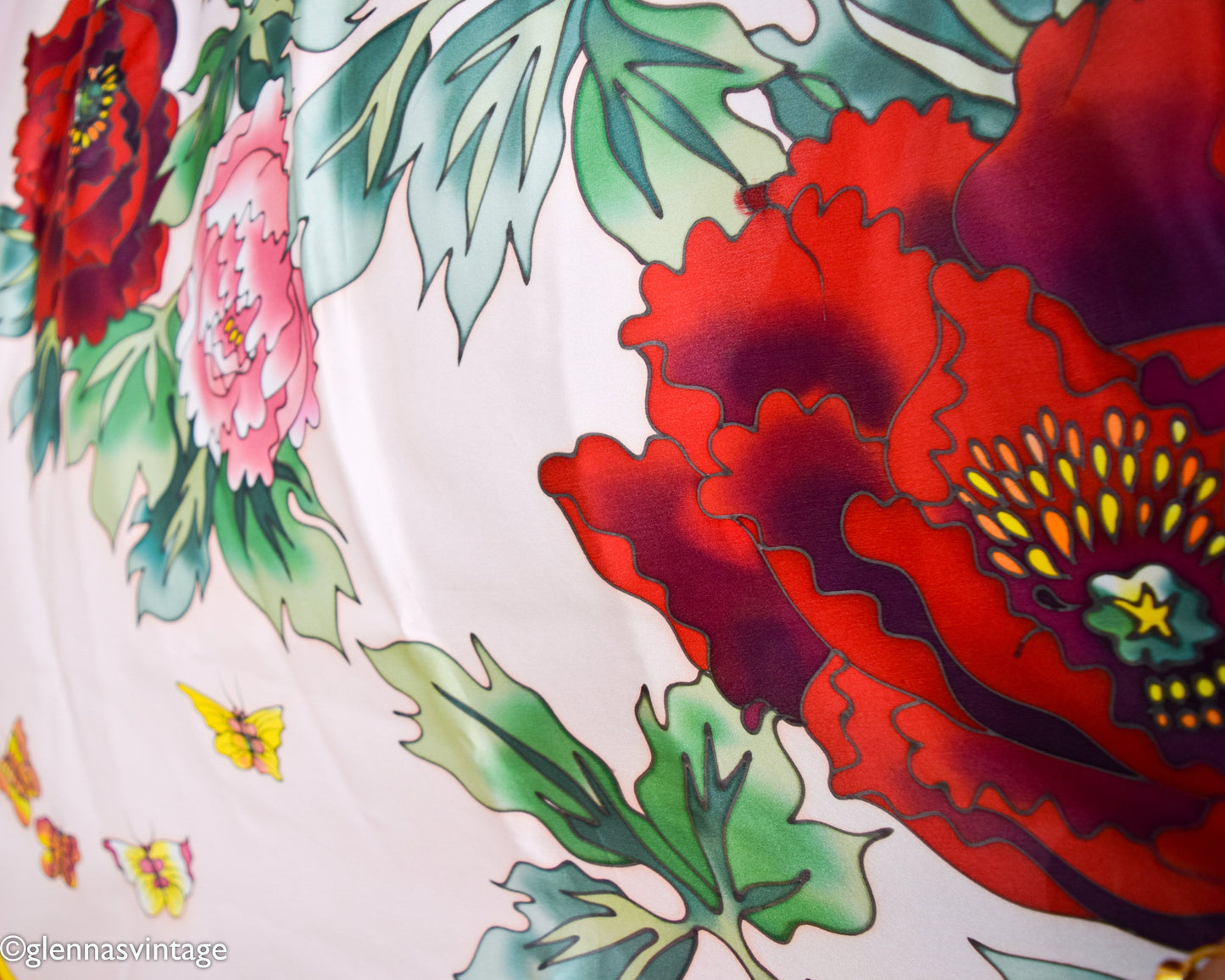 1980s Red Pink Floral Print Silk Scarf, Peony Flowers