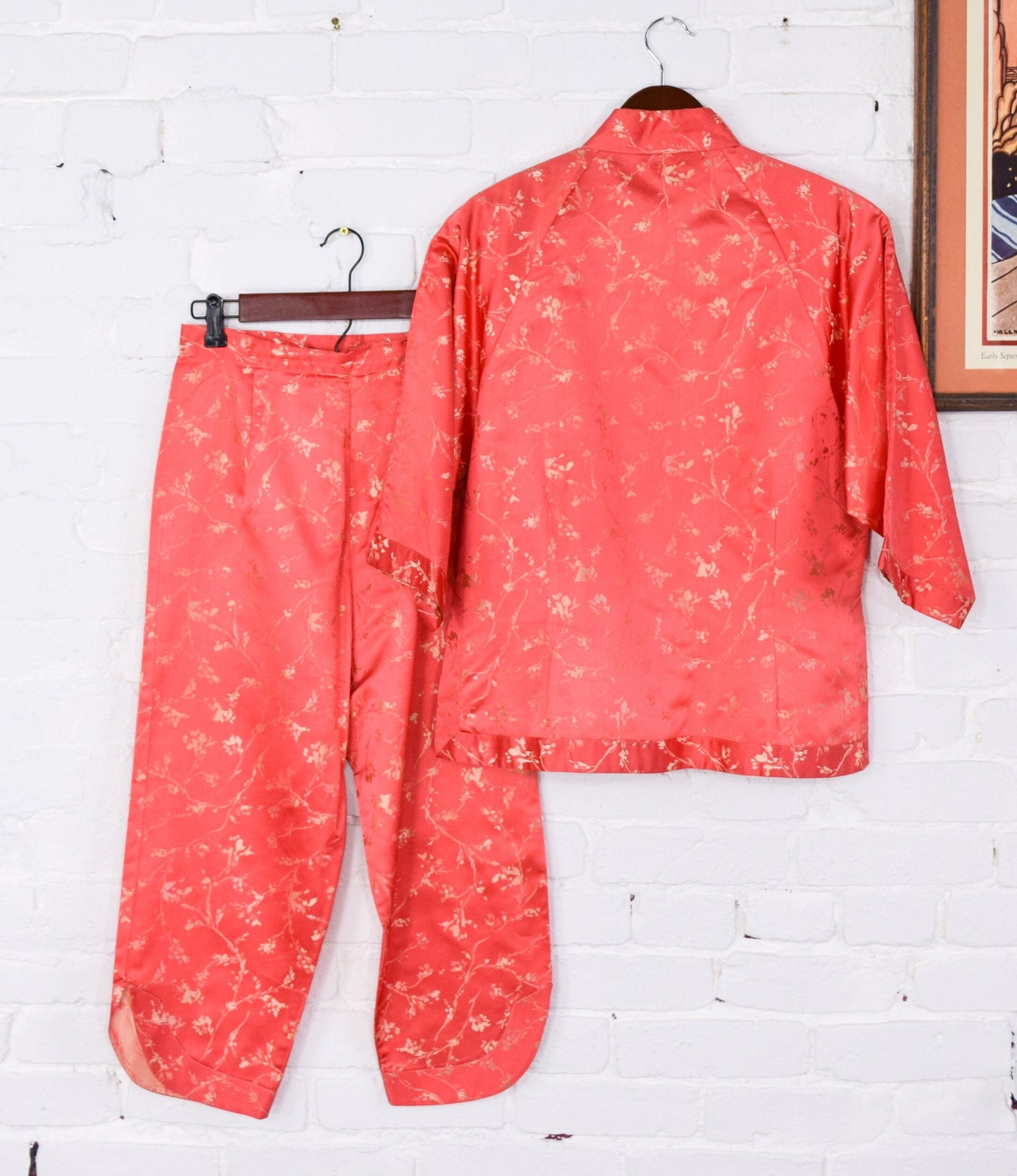 1950s Orange Asian Slacks Set | Silk Jacket & Pants, Medium