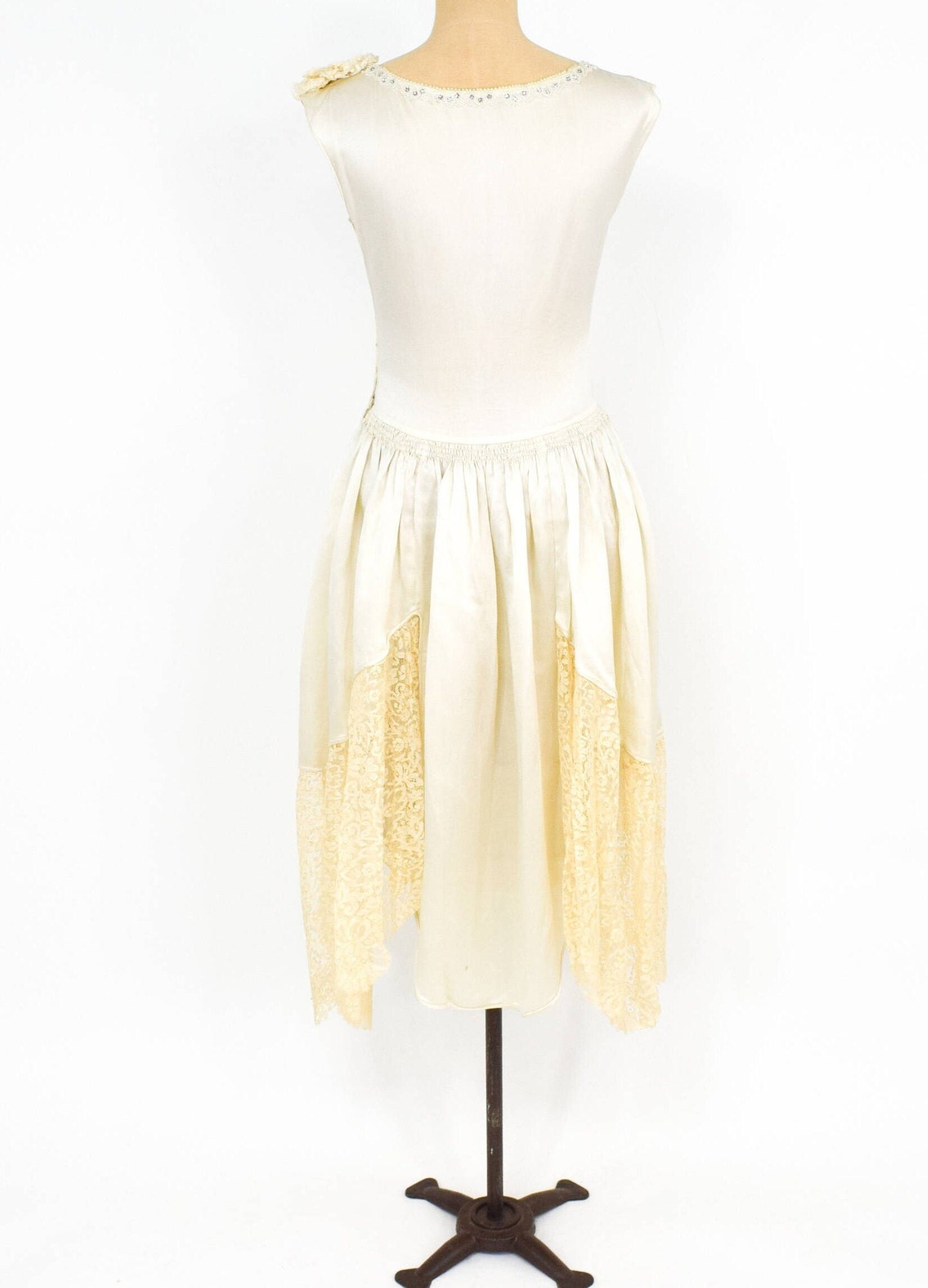 1930s  White Silk Beaded Wedding Dress with Rhinestones & Lace, Small
