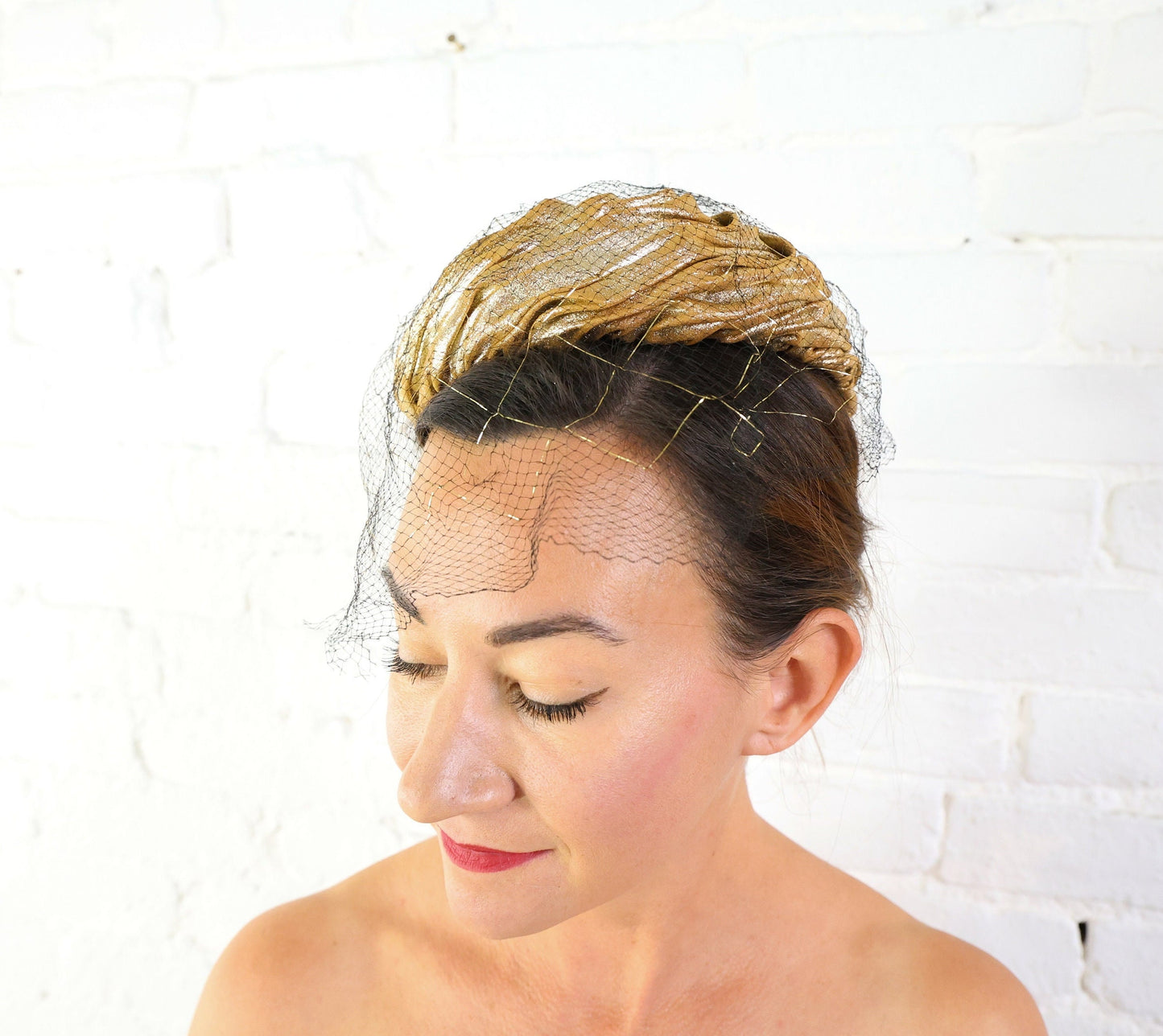1950s Metallic Gold Fabric Hat | 50s Gold Metallic Gathered Hat