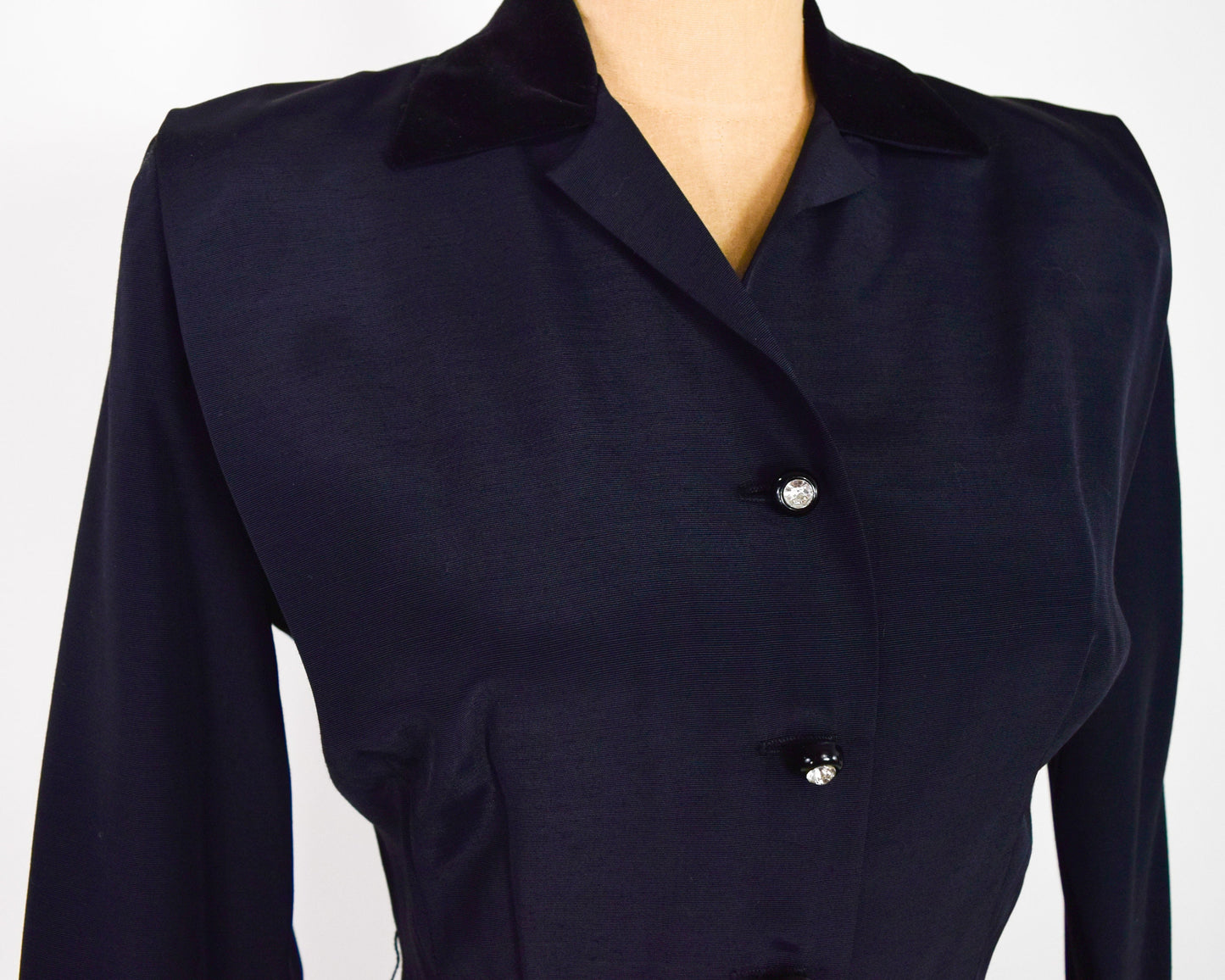 1950s Black Faille Party Dress with Rhinestone Buttons, Medium