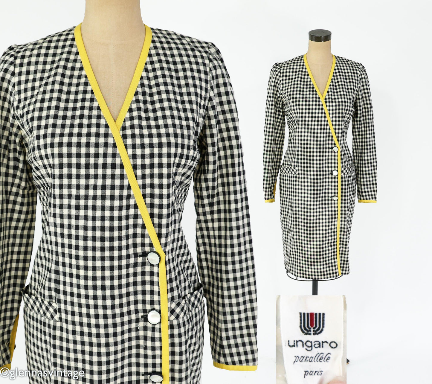1980s Ungaro Black White Checked Wool Dress, Small