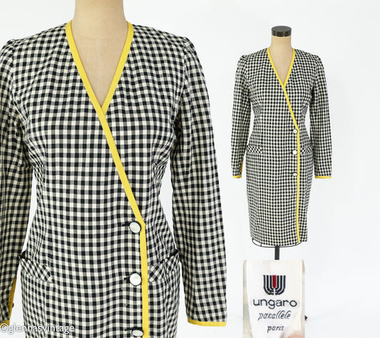 1980s Ungaro Black White Checked Wool Dress, Small